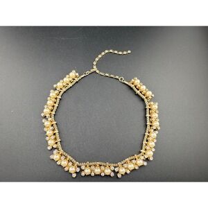 Vintage Leru Necklace Gold Tone Faux Pearl Rhinestone Choker Signed 15"
